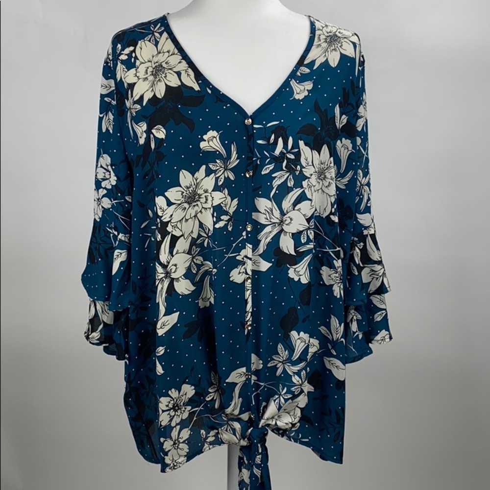 Sheer Light Blue Green Floral Tie Shirt